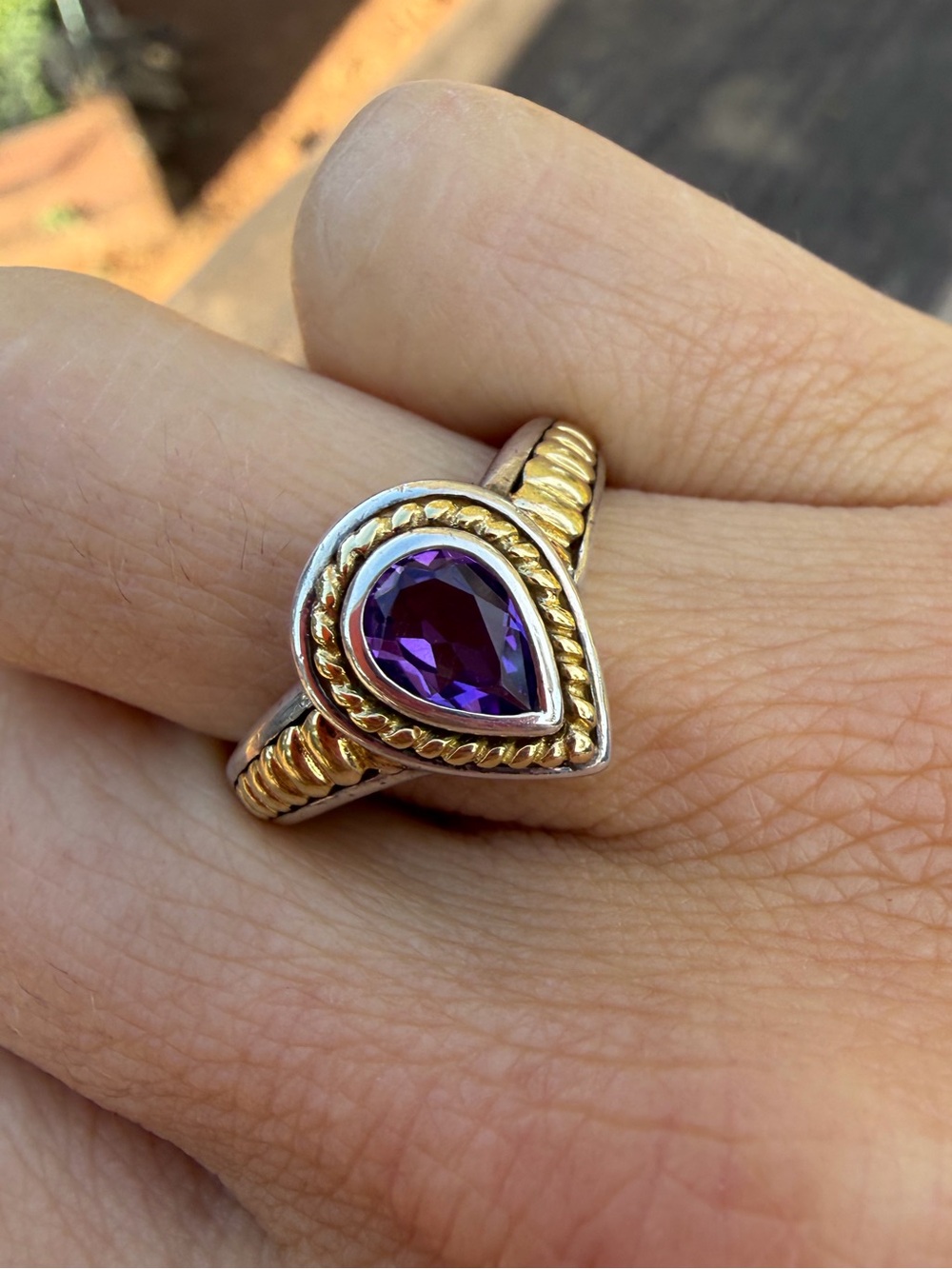 Teardrop Pear Genuine Amethyst Ring in 18kt Gold and Sterling Silver